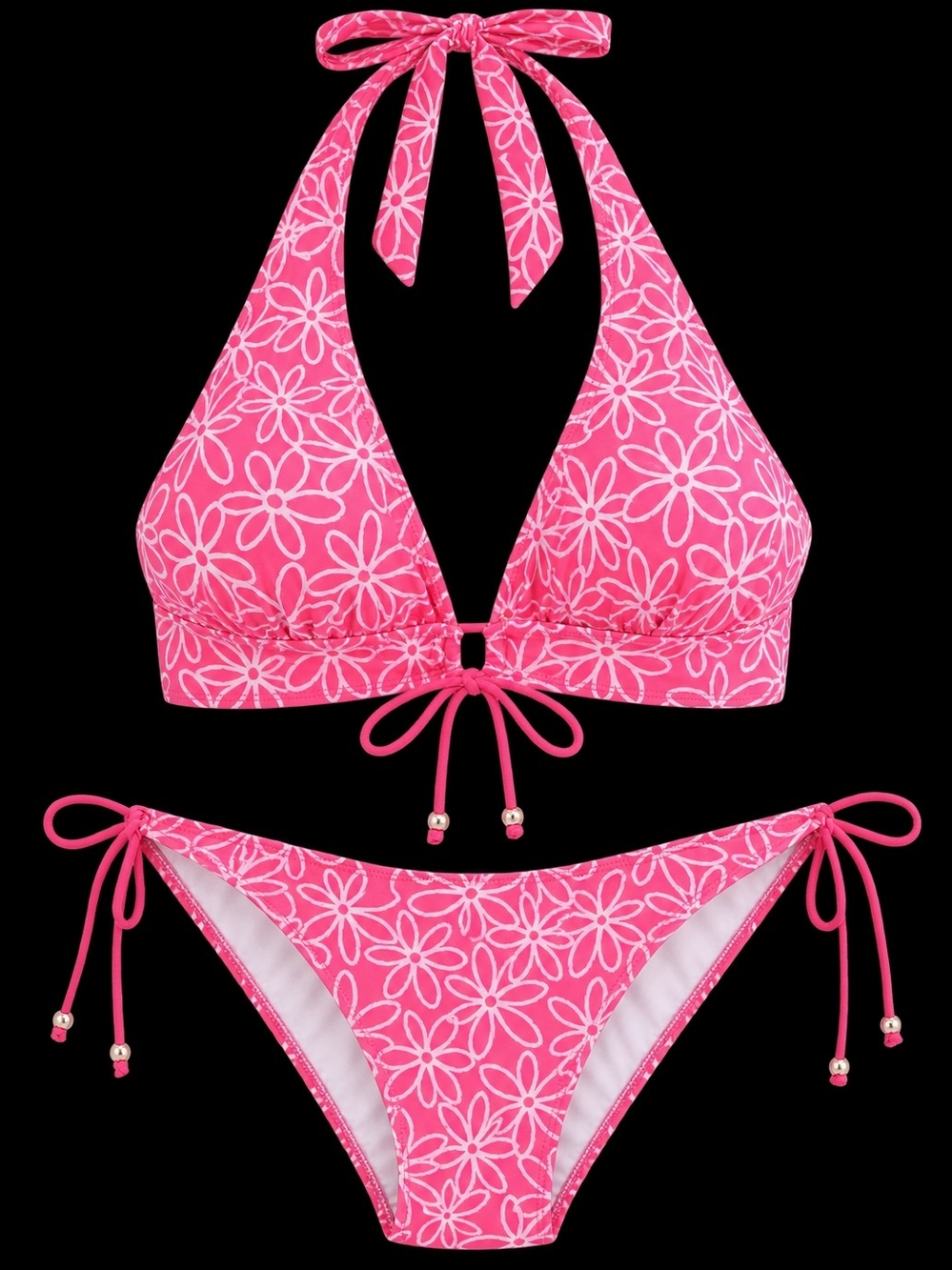 Pink & White Floral Halter Bikini Two Piece Tie Side Swimsuit